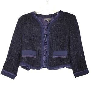 Gracia Cropped Tweed Blazer Pearl Buttons Ruffle Trim Navy Blue Womens Size M